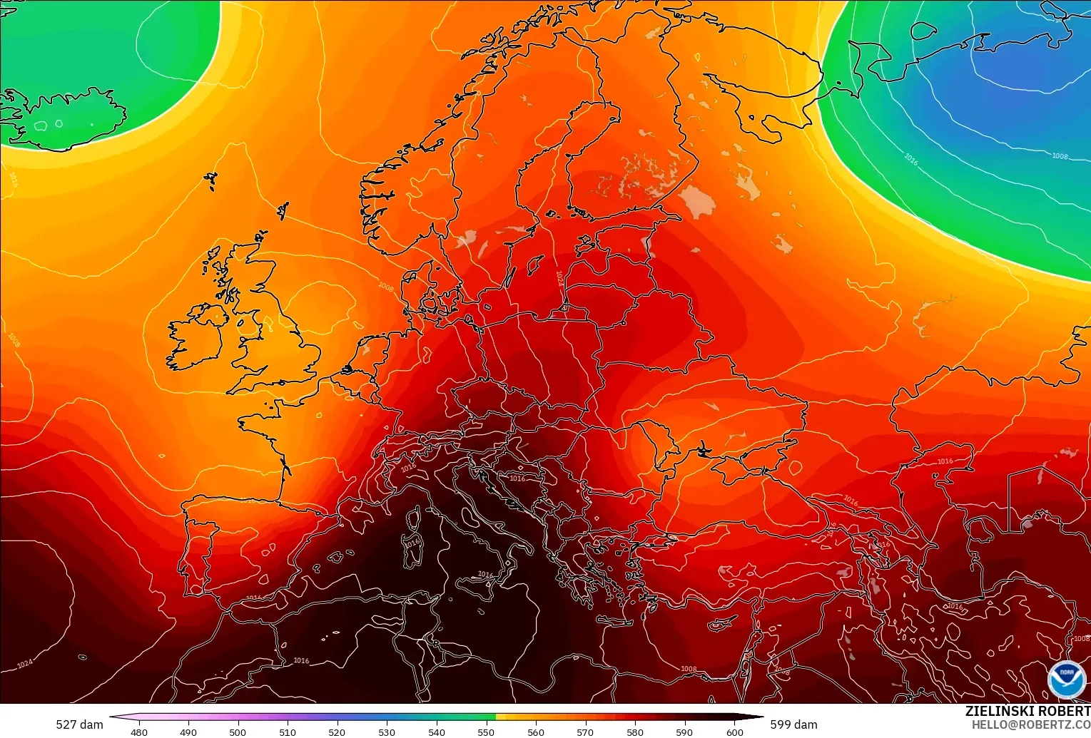 GFS modelo - Europa, Altura geopotencial a 500 hPa