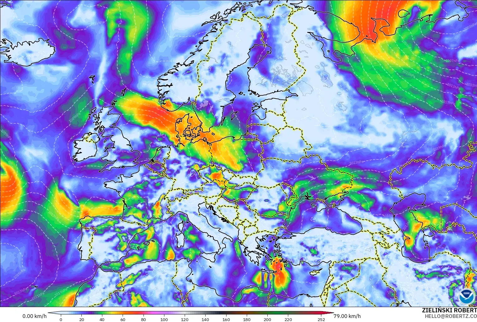GFS modelo - Europa, Ráfagas de viento
