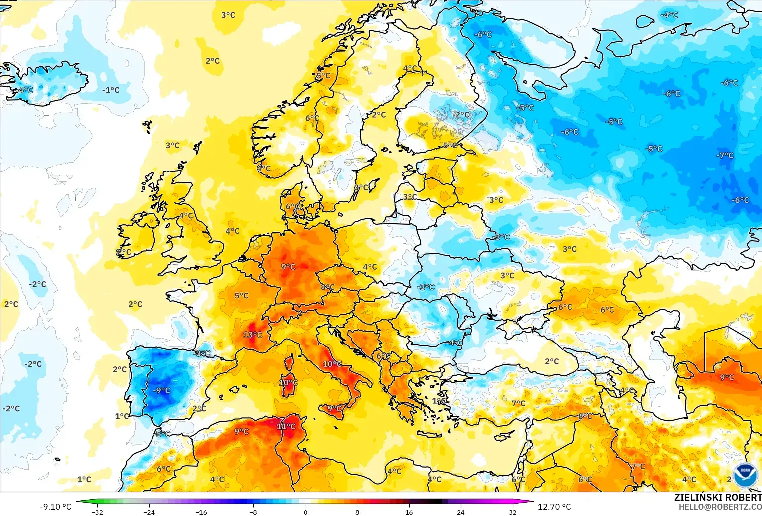 GFS modelo - Europa, Anomalía de temperatura a 2 m