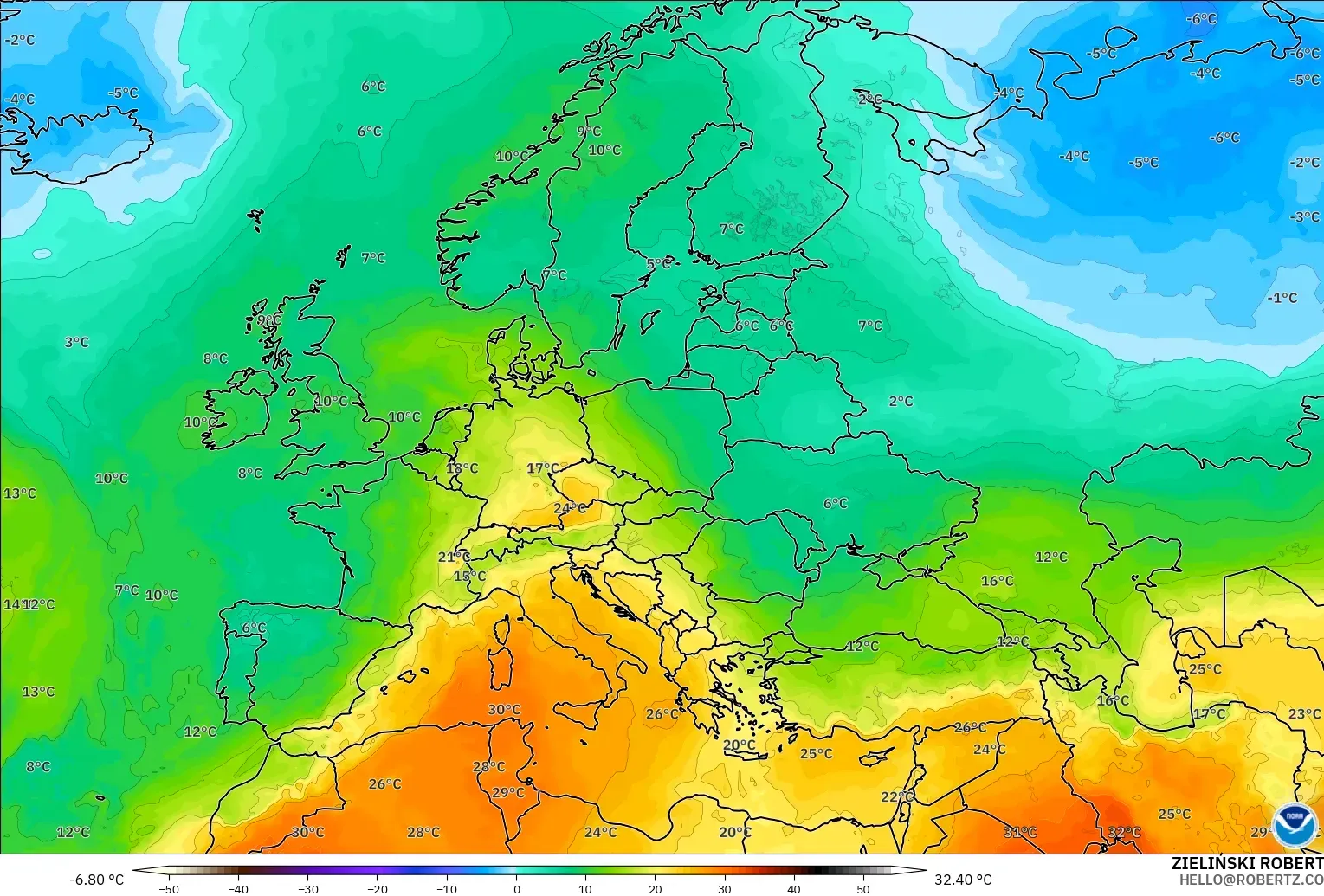 GFS modelo - Europa, Temperatura a 850 hPa
