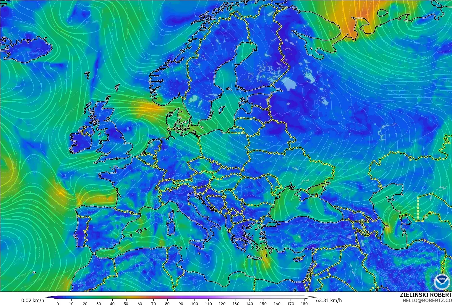 GFS modelo - Europa, Viento a 10 m
