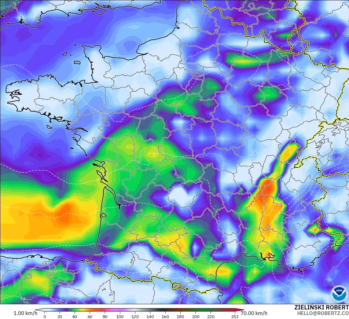 GFS modelo - Francia, Ráfagas de viento