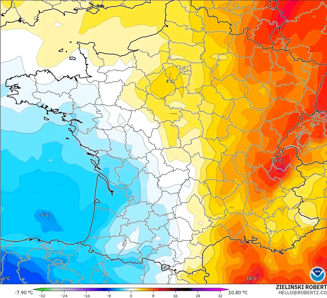 GFS modelo - Francia, Anomalía de temperatura a 850 hPa