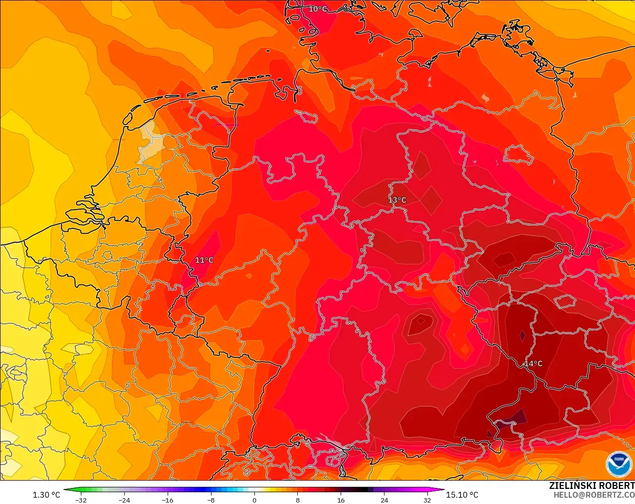 GFS modelo - Alemania, Anomalía de temperatura a 850 hPa