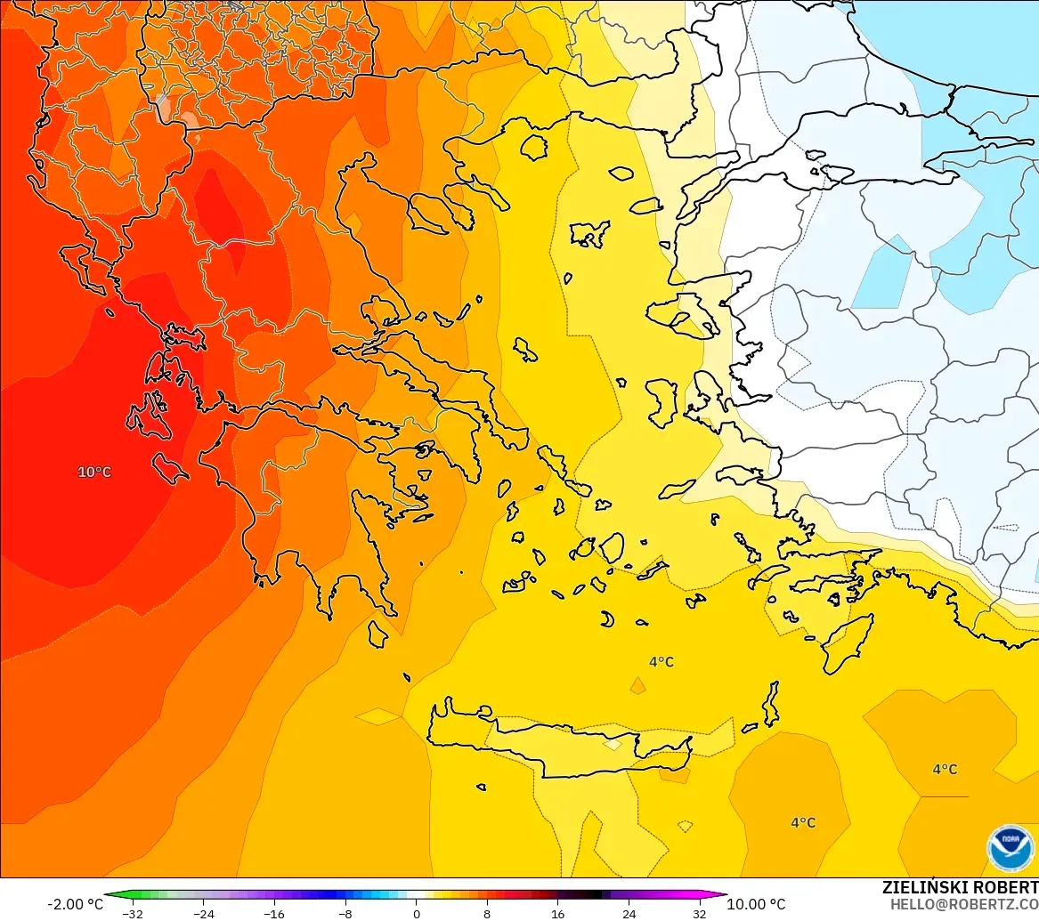 GFS modelo - Grecia, Anomalía de temperatura a 850 hPa