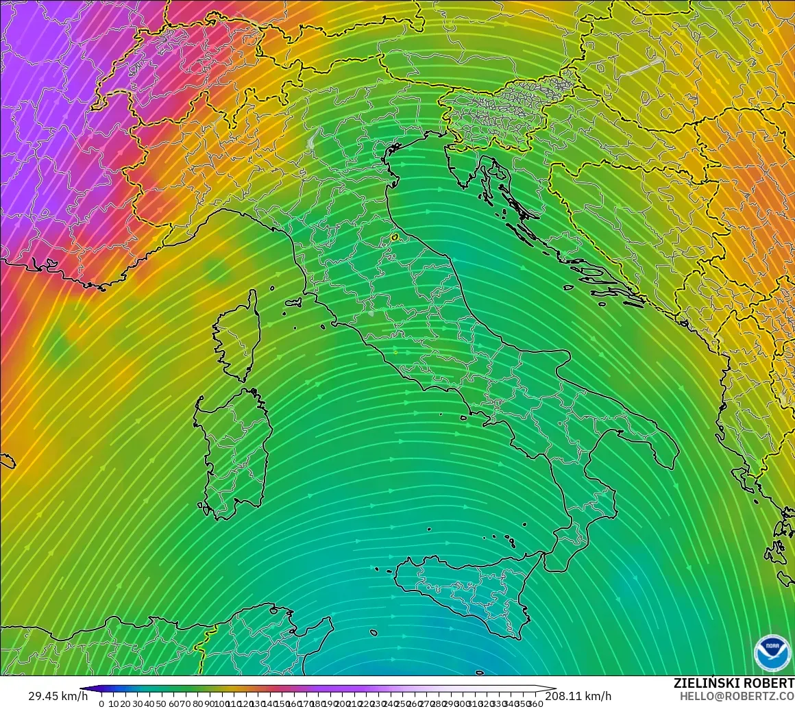 GFS modelo - Italia, Viento a 300 hPa (corriente en chorro)
