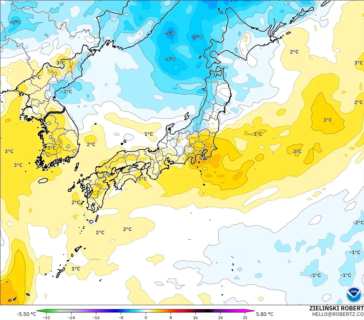 GFS modelo - Japón, Anomalía de temperatura a 850 hPa