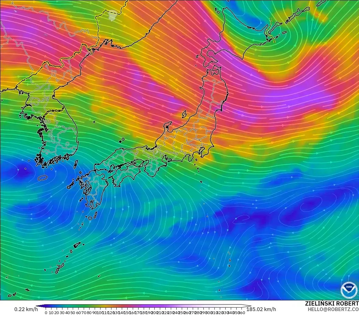 GFS modelo - Japón, Viento a 300 hPa (corriente en chorro)
