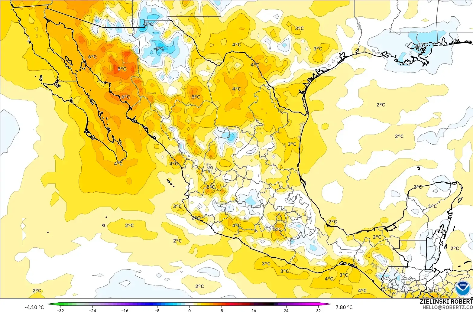 GFS modelo - México, Anomalía de temperatura a 850 hPa