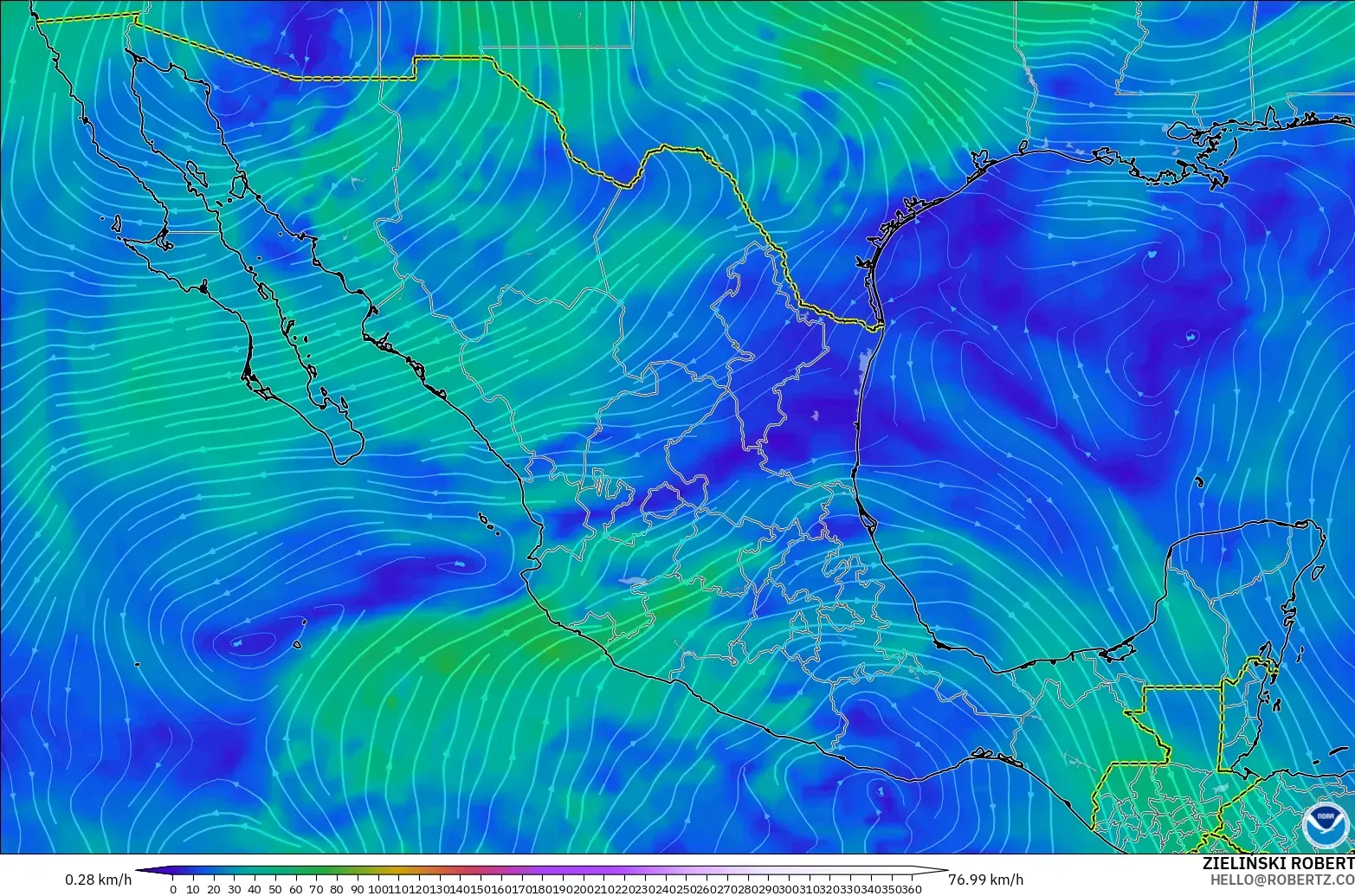 GFS modelo - México, Viento a 300 hPa (corriente en chorro)