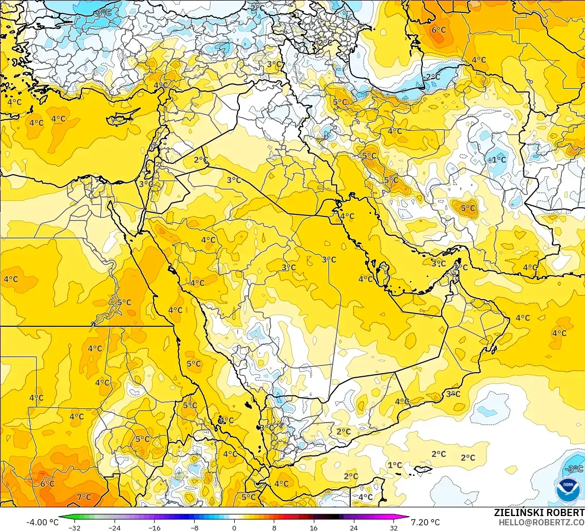 GFS modelo - Oriente Medio, Anomalía de temperatura a 850 hPa