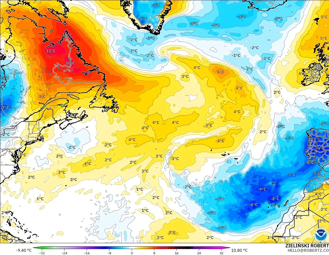 GFS modelo - Norte Atlántico, Anomalía de temperatura a 850 hPa