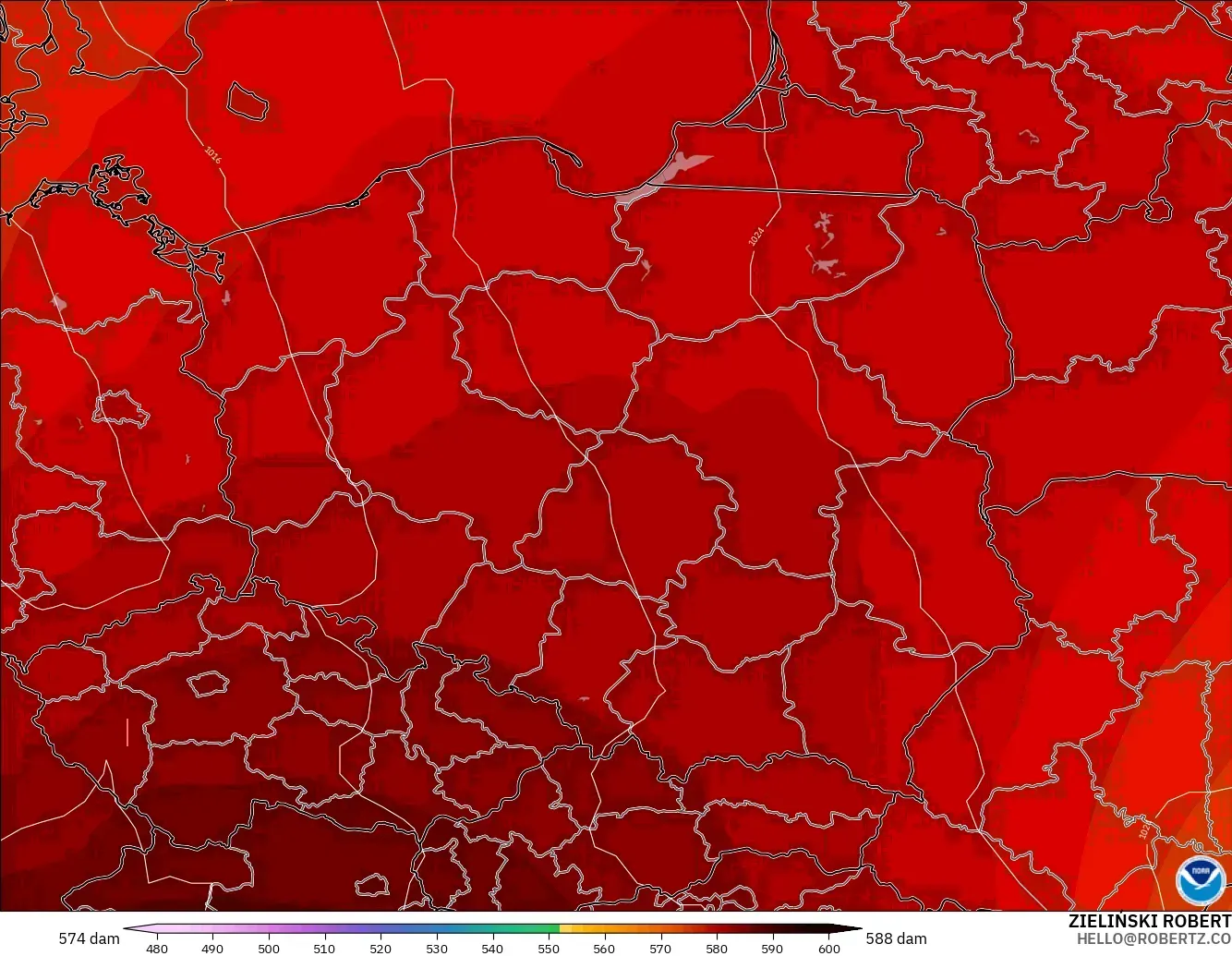 GFS modelo - Polonia, Altura geopotencial a 500 hPa