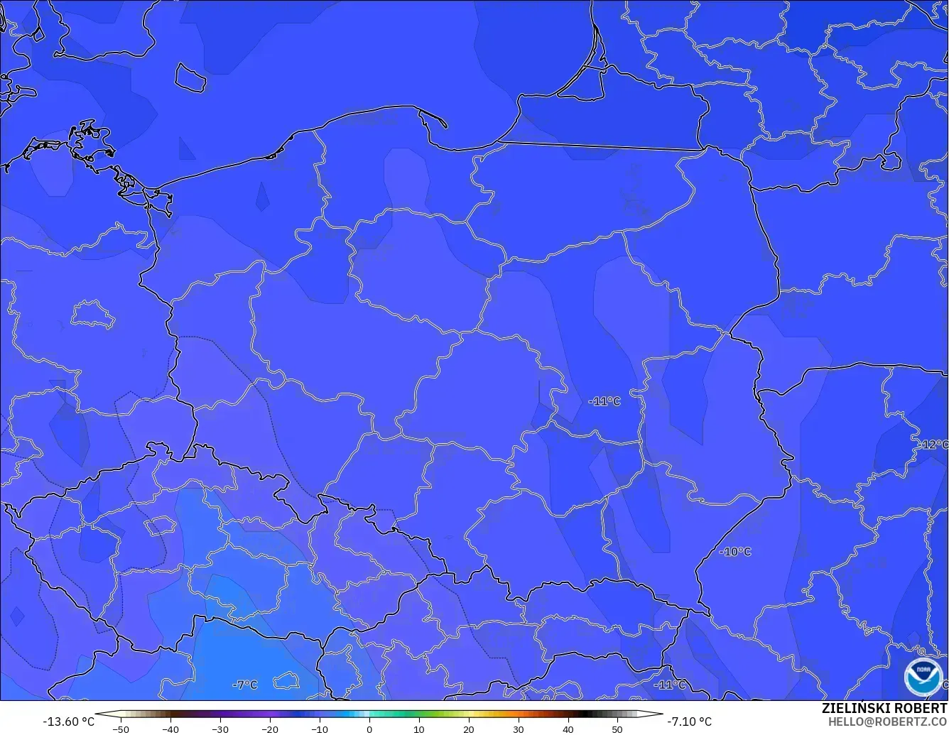 GFS modelo - Polonia, Temperatura a 500 hPa