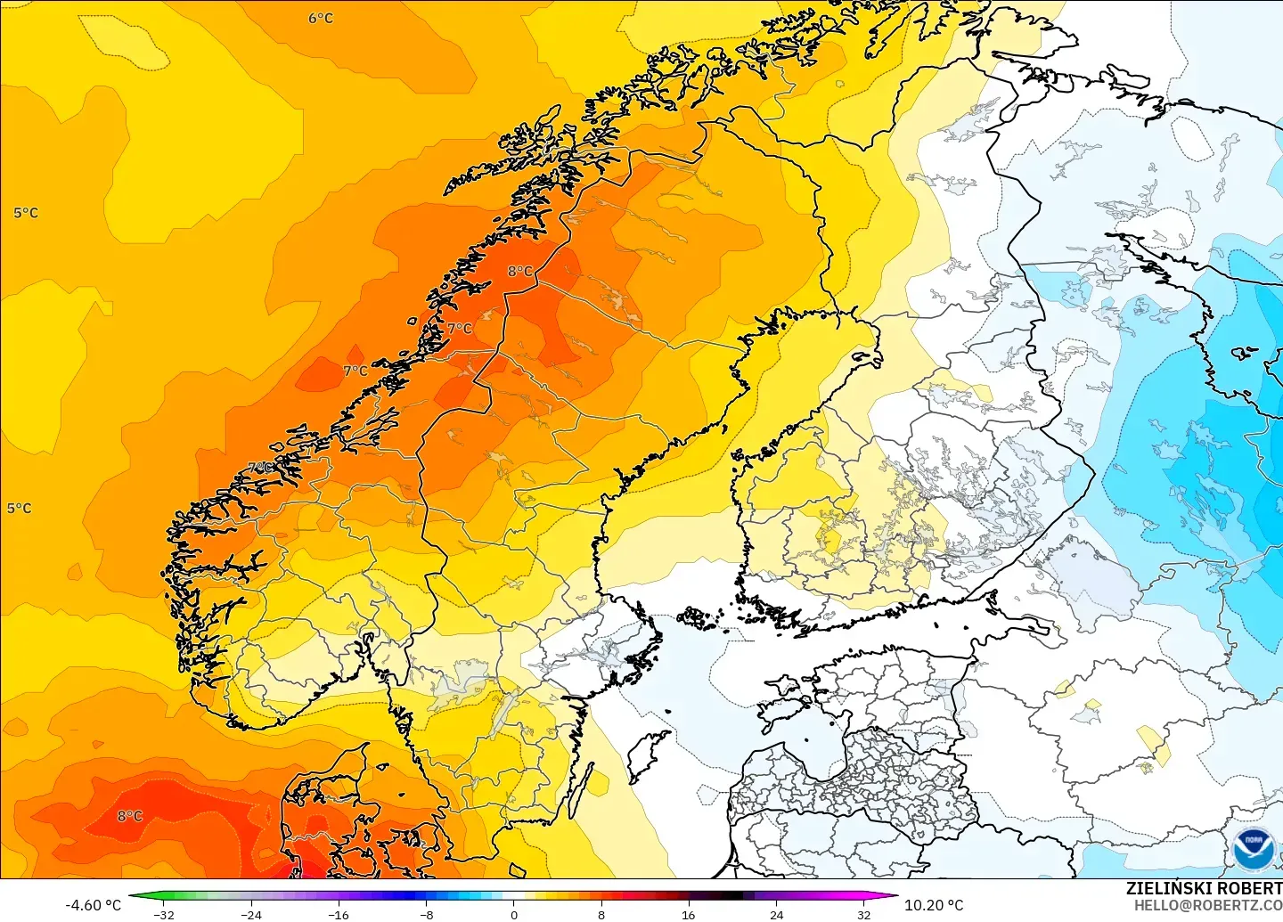 GFS modelo - Escandinavia, Anomalía de temperatura a 850 hPa