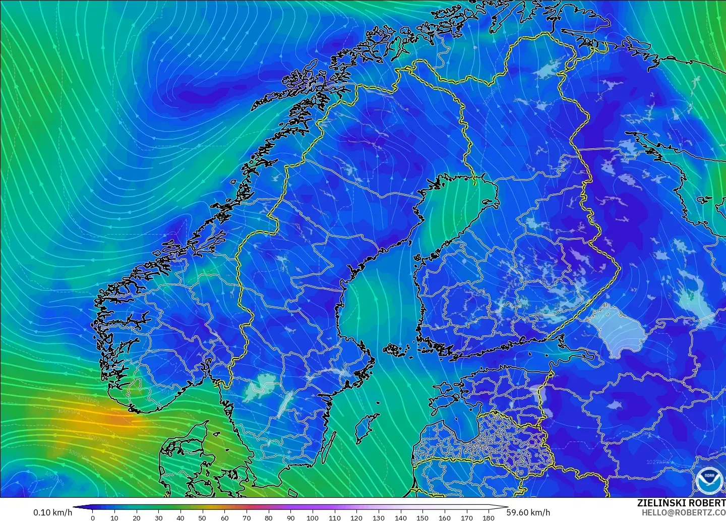 GFS modelo - Escandinavia, Viento a 10 m