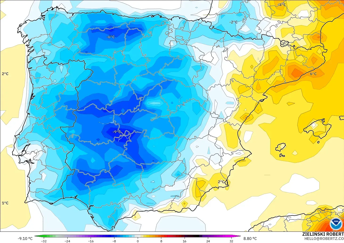 GFS modelo - España, Anomalía de temperatura a 2 m