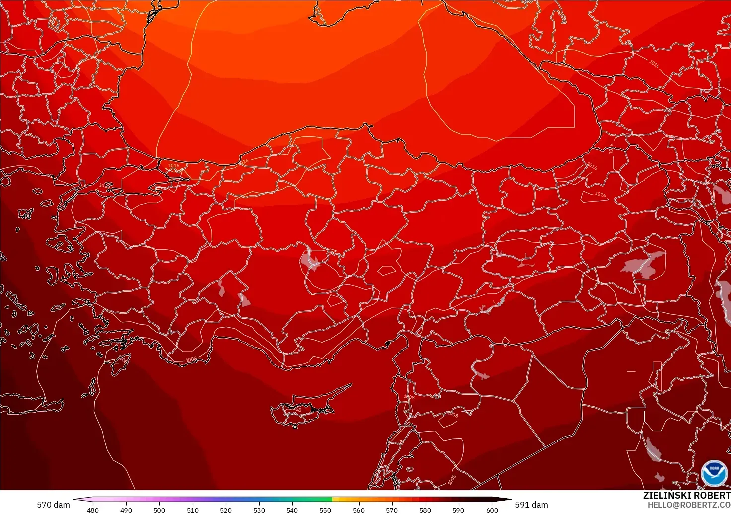 GFS modelo - Turquía, Altura geopotencial a 500 hPa