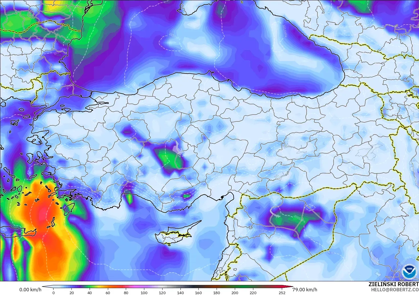 GFS modelo - Turquía, Ráfagas de viento