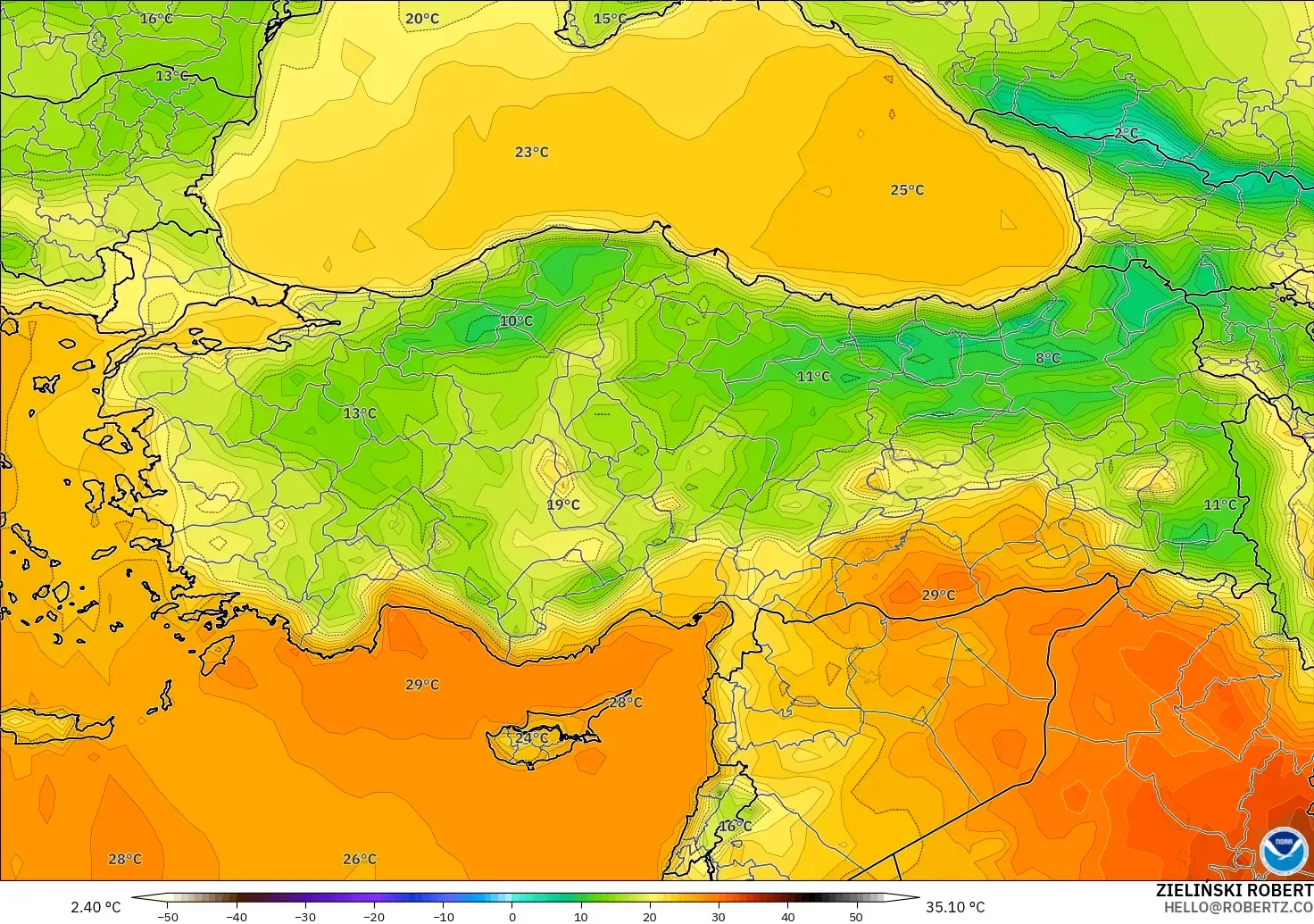 GFS modelo - Turquía, Temperatura a 2 m