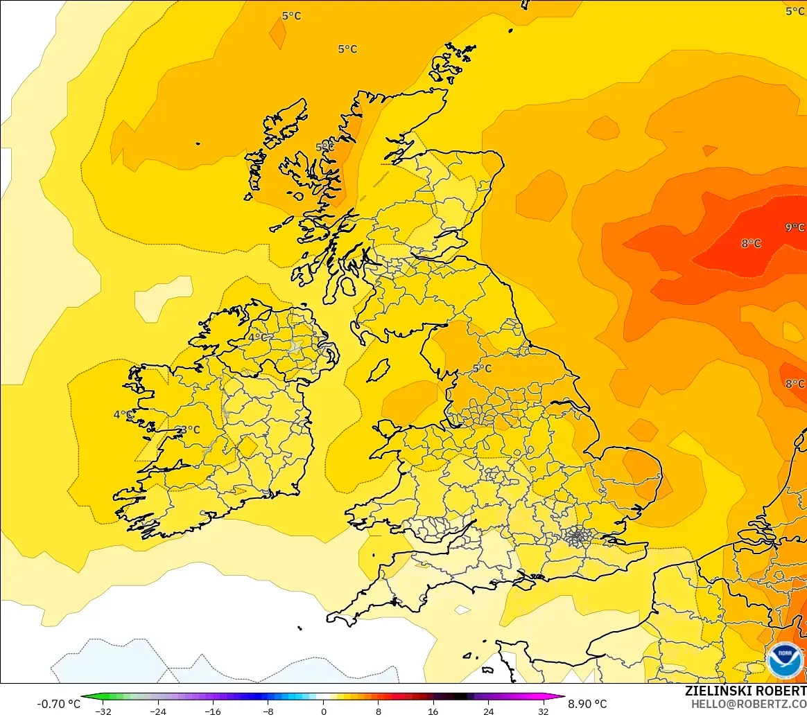 GFS modelo - Reino Unido, Anomalía de temperatura a 850 hPa