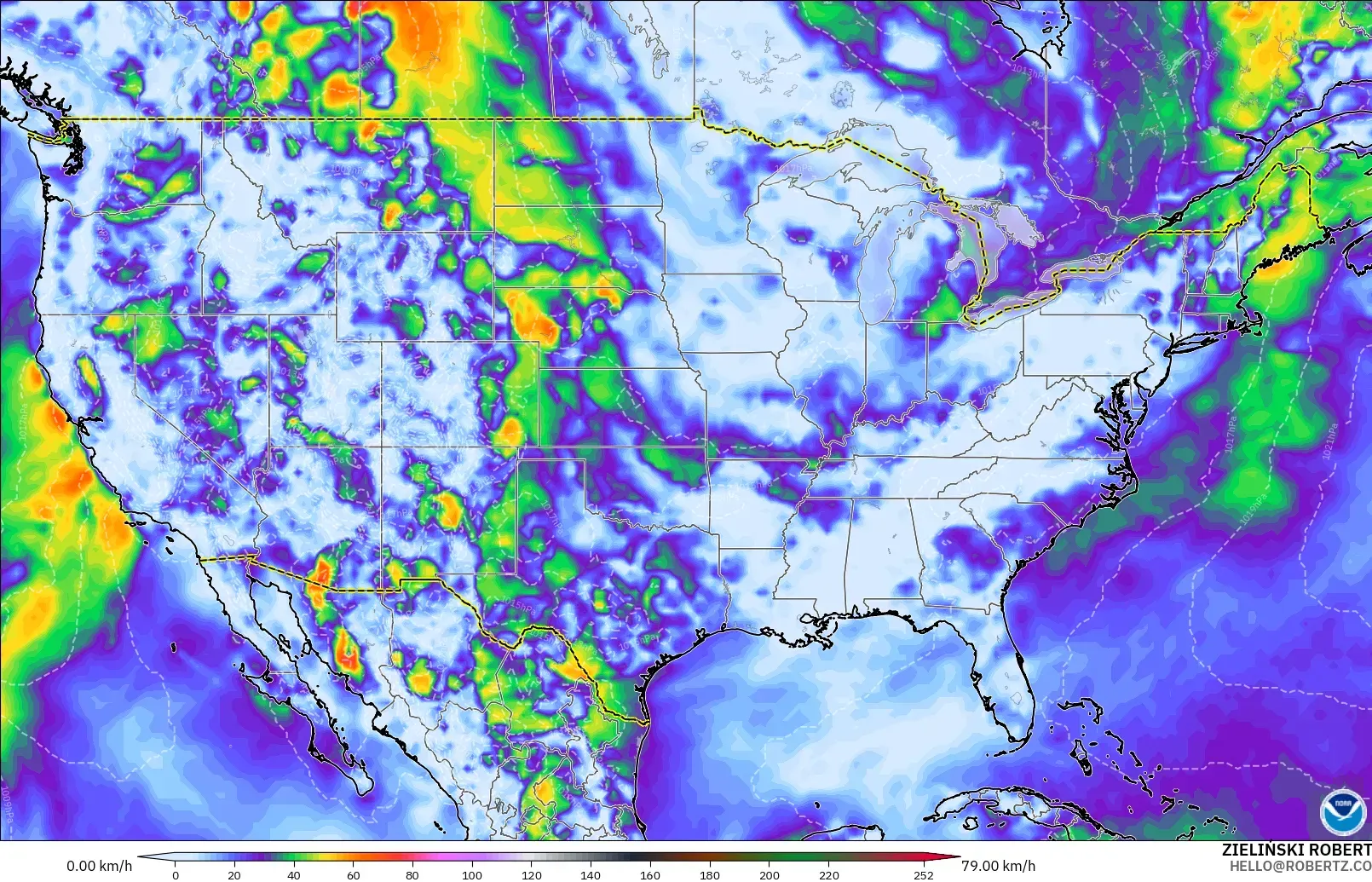 GFS modelo - Estados Unidos, Ráfagas de viento