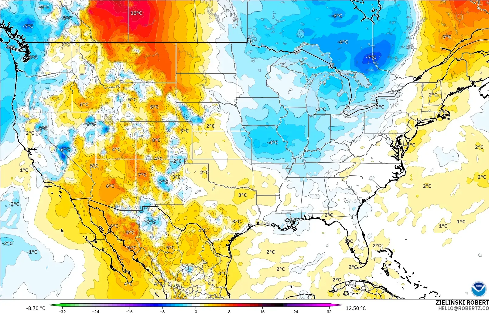 GFS modelo - Estados Unidos, Anomalía de temperatura a 850 hPa