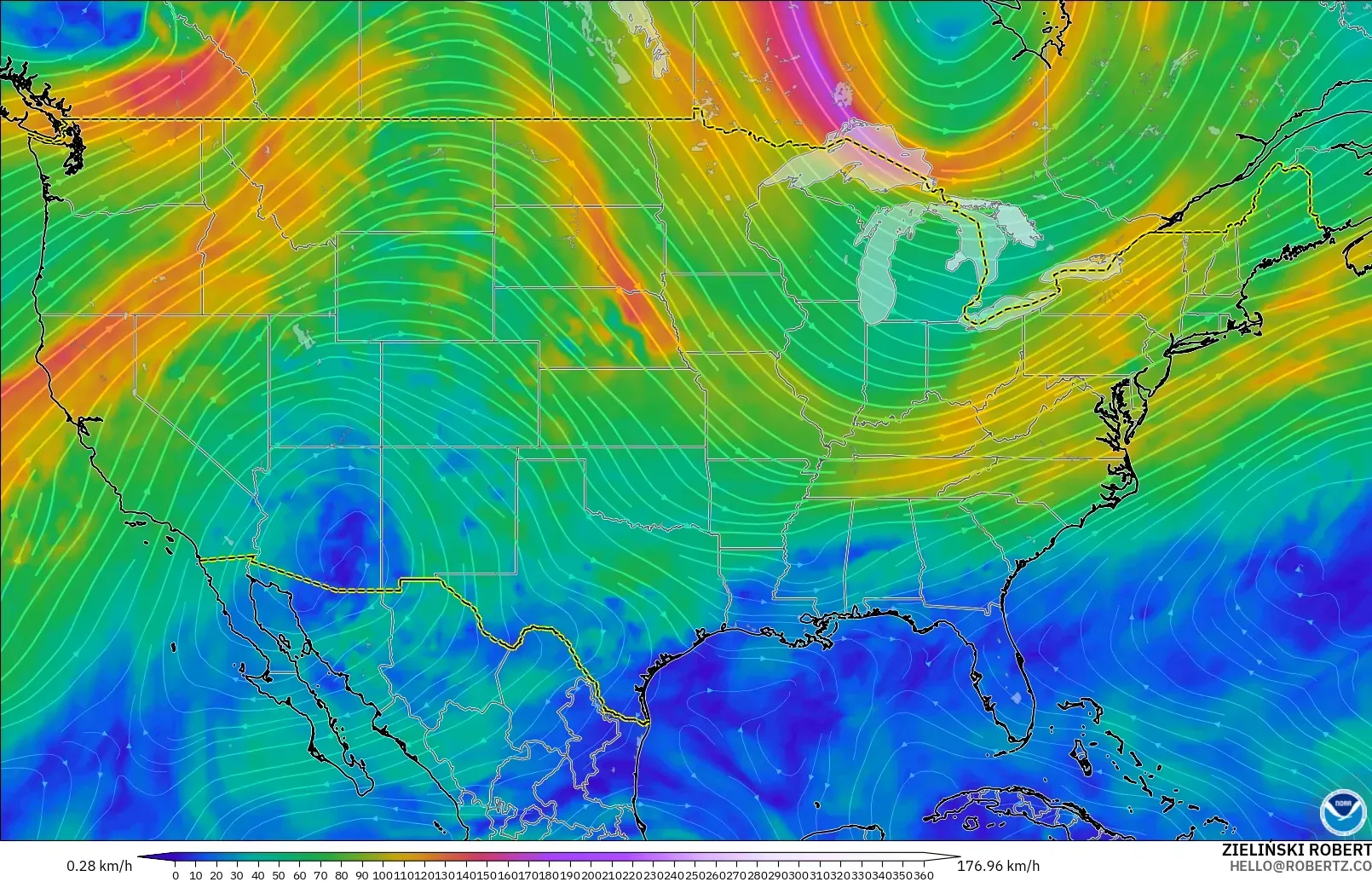 GFS modelo - Estados Unidos, Viento a 300 hPa (corriente en chorro)