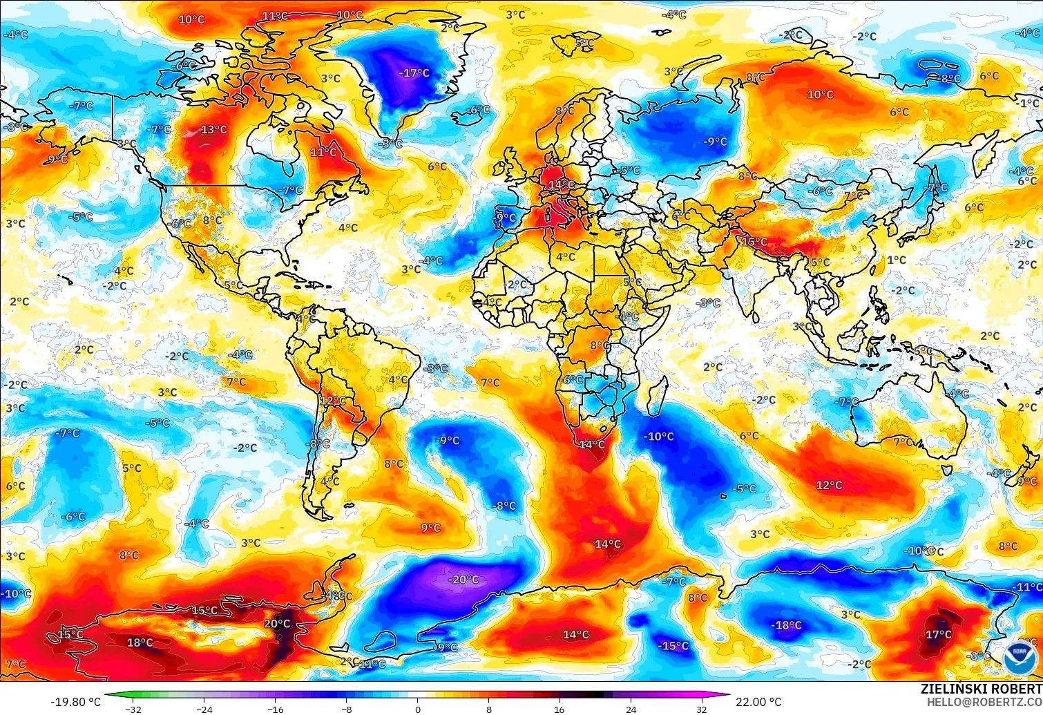 GFS modelo - Mundo, Anomalía de temperatura a 850 hPa