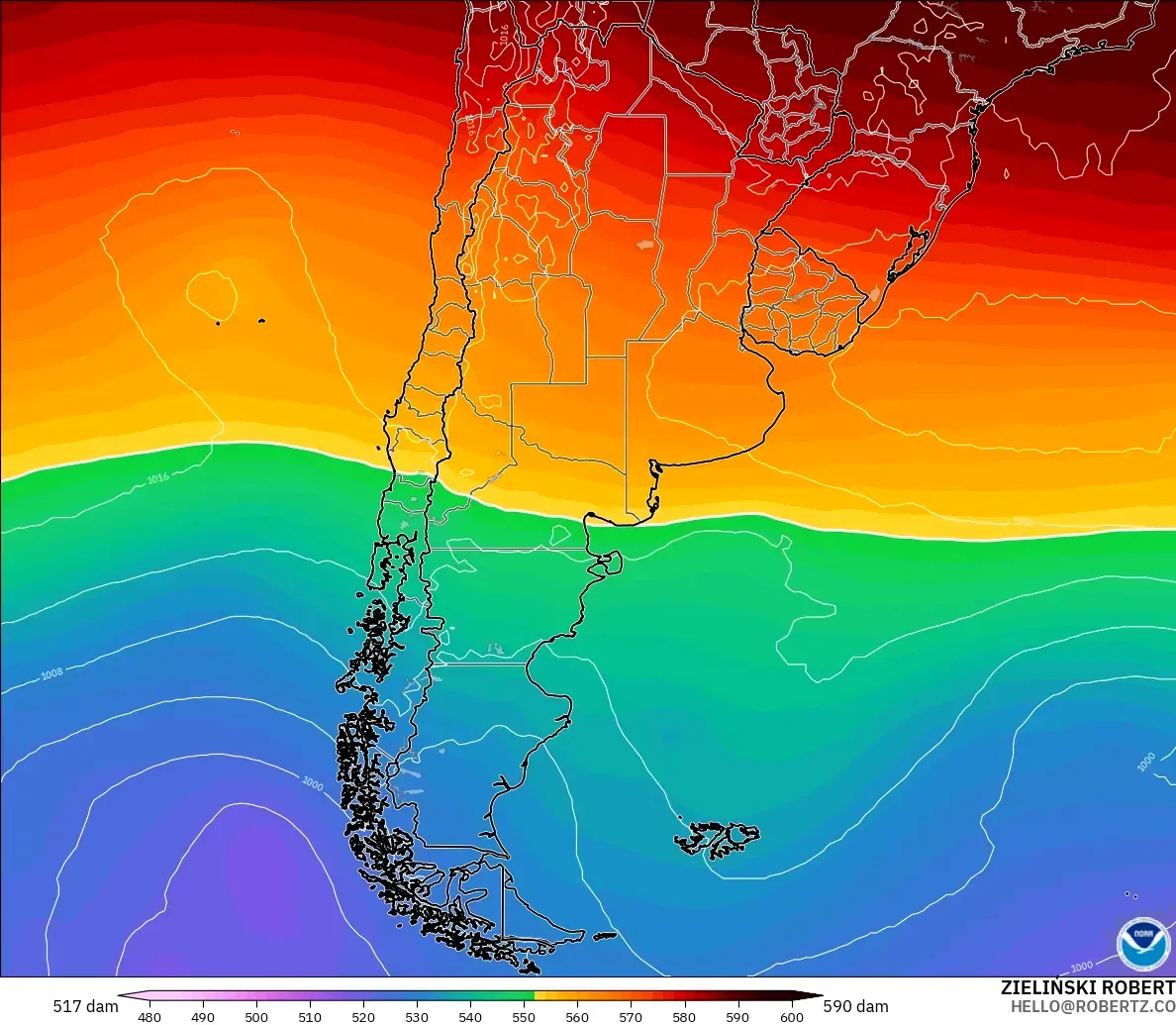 GFS modelo - Argentina, Altura geopotencial a 500 hPa