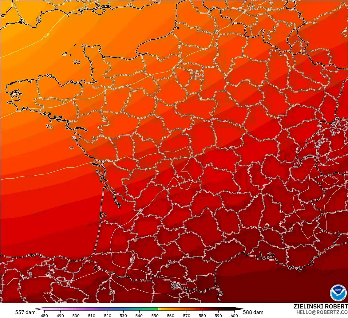 GFS modelo - Francia, Altura geopotencial a 500 hPa
