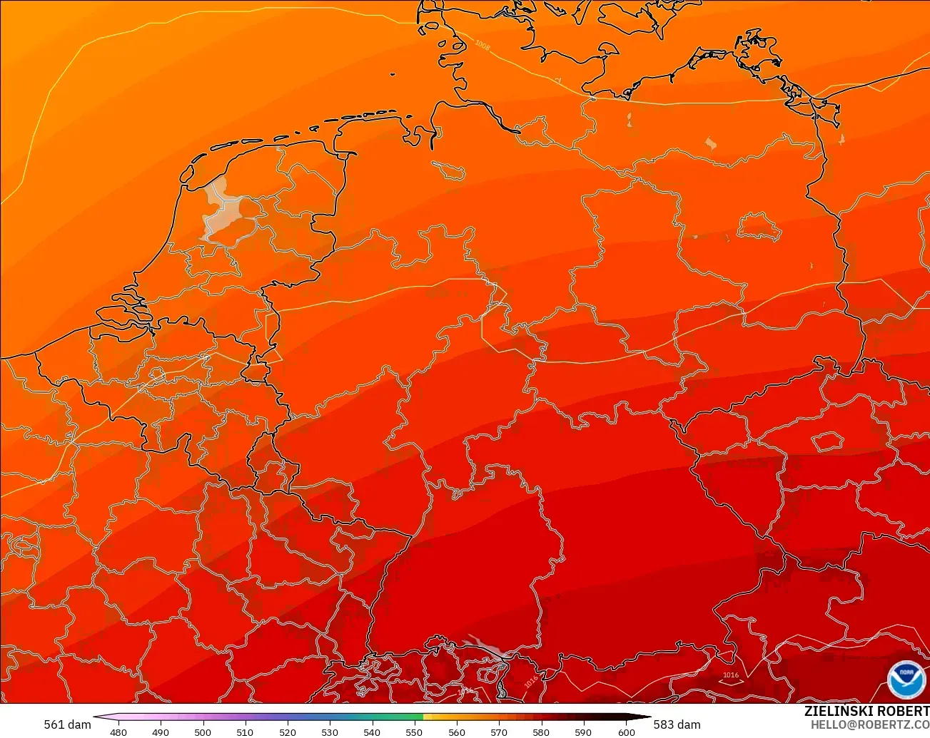 GFS modelo - Alemania, Altura geopotencial a 500 hPa