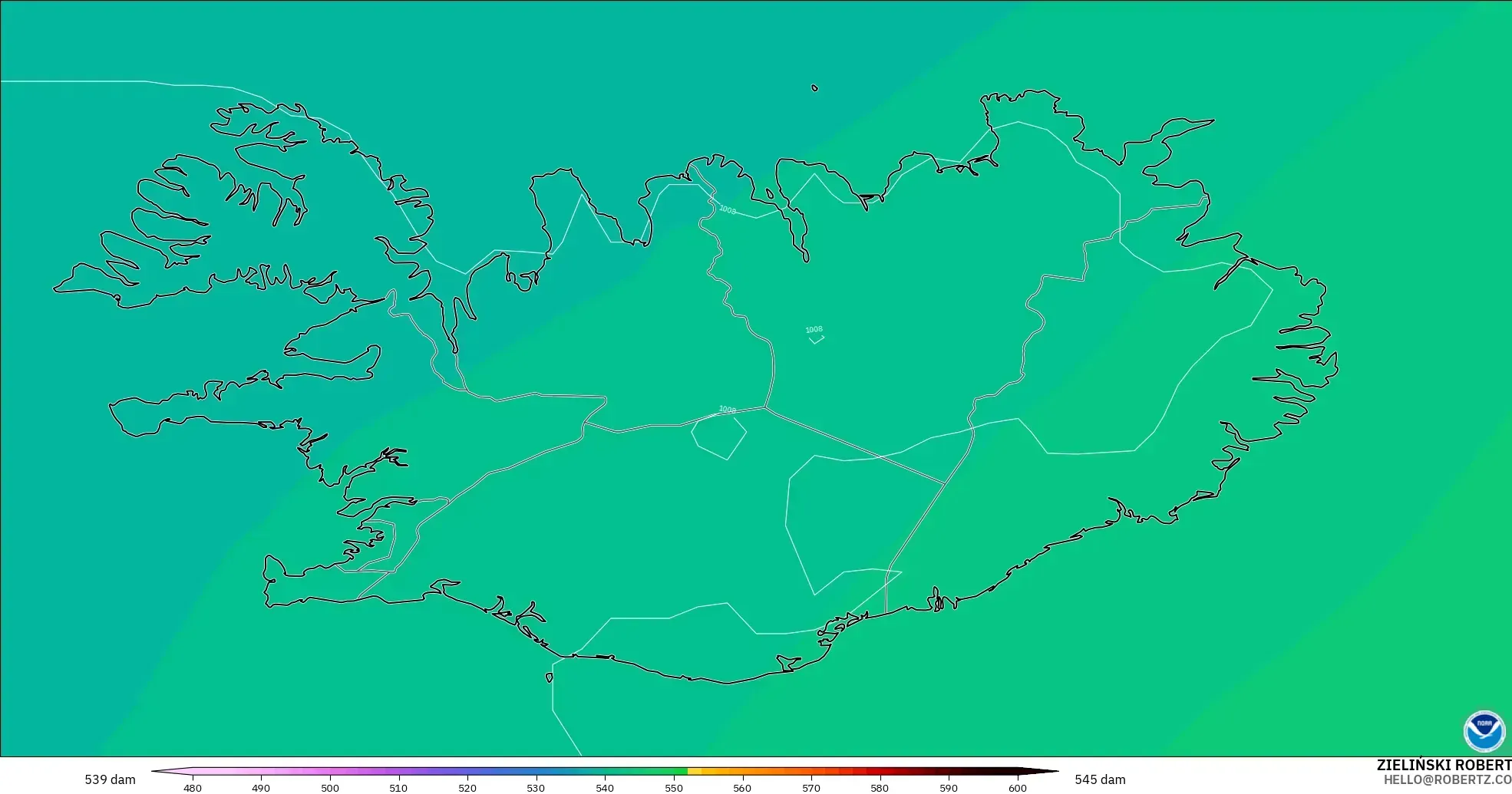 GFS modelo - Islandia, Altura geopotencial a 500 hPa