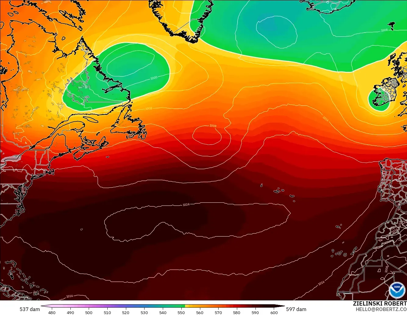 GFS modelo - Norte Atlántico, Altura geopotencial a 500 hPa
