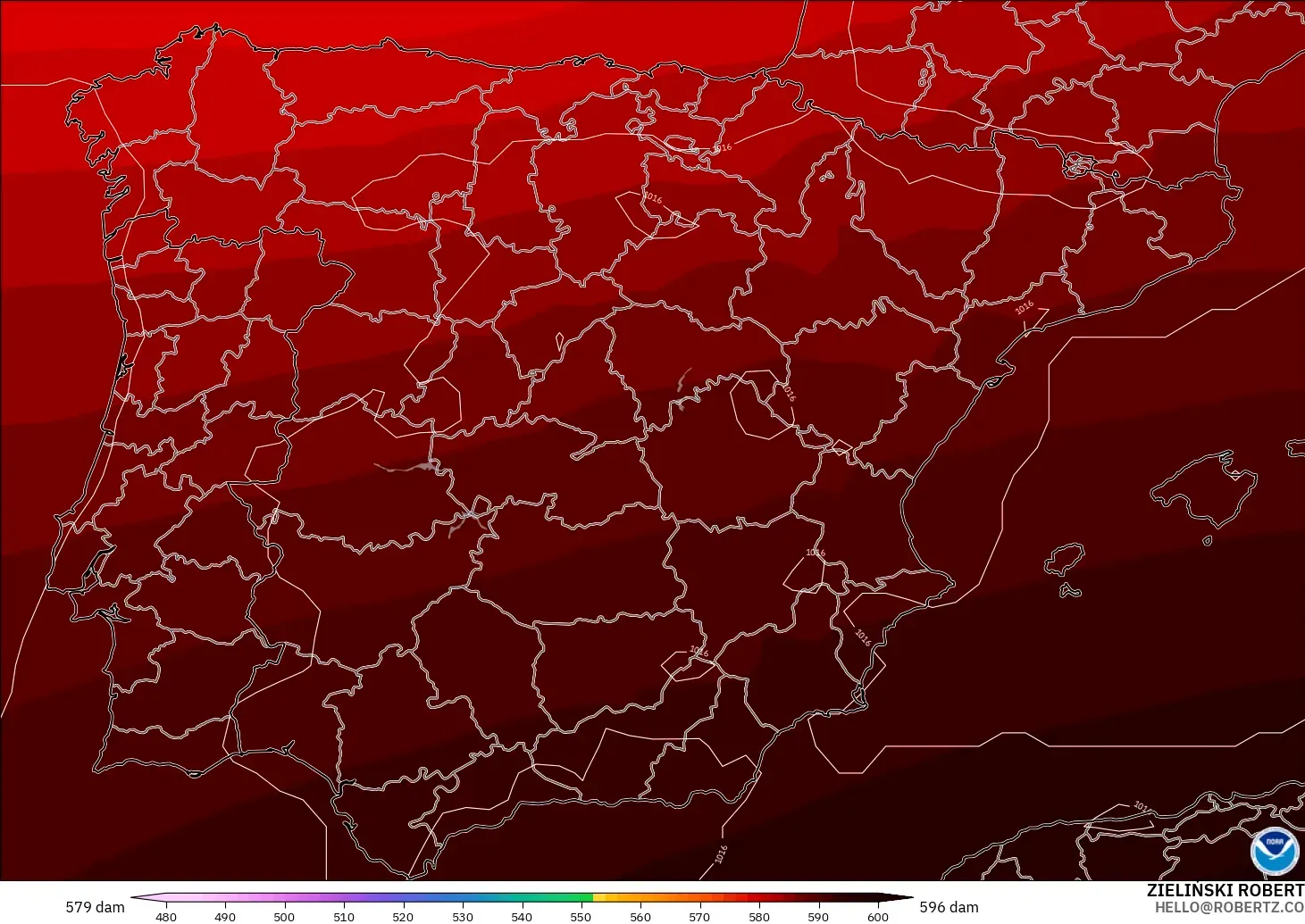 GFS modelo - España, Altura geopotencial a 500 hPa