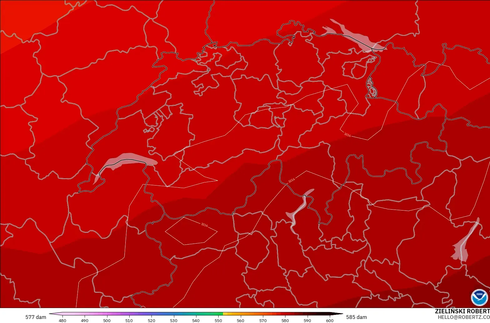 GFS modelo - Suiza, Altura geopotencial a 500 hPa