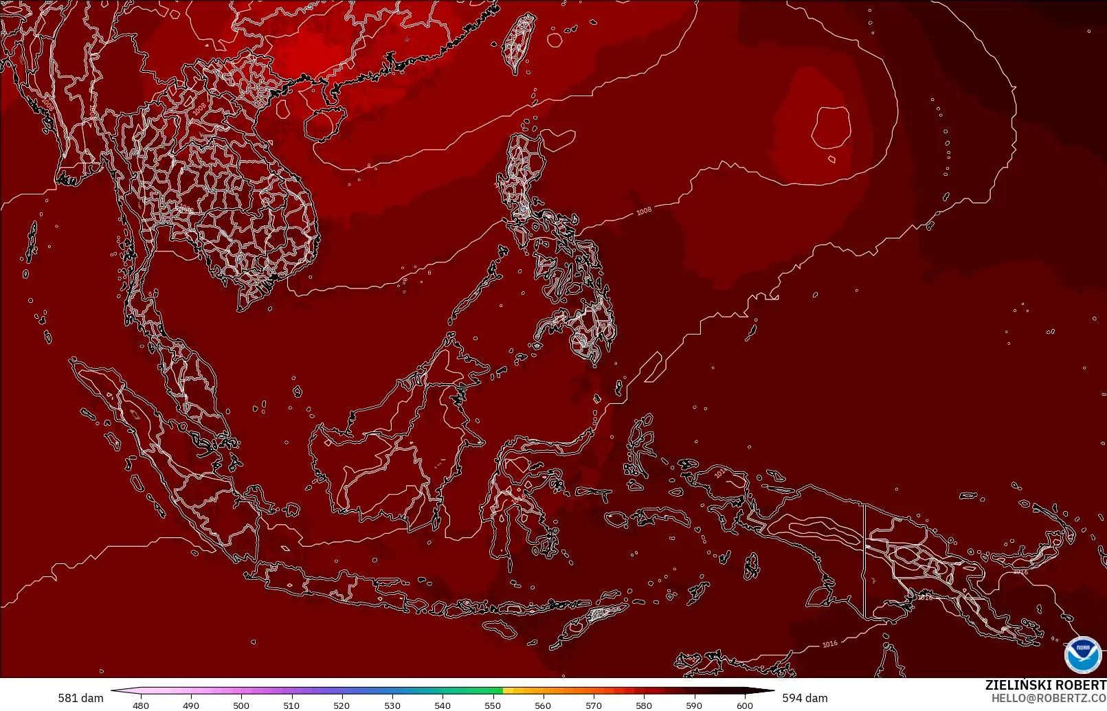 GFS modelo - Sudeste Asiático, Altura geopotencial a 500 hPa