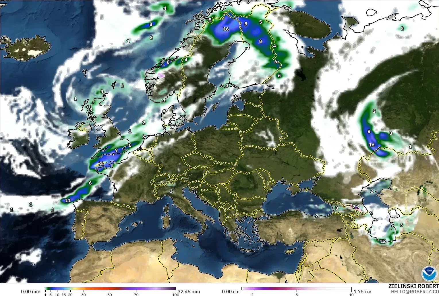 GFS modelo - Europa, Precipitación, nubes y presión