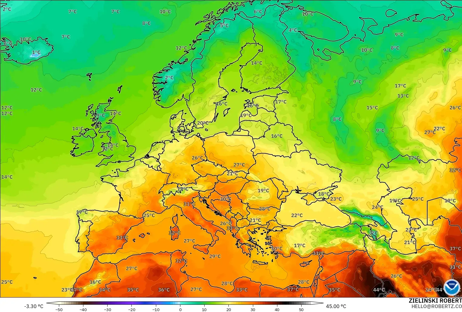 GFS modelo - Europa, Temperatura a 2 m