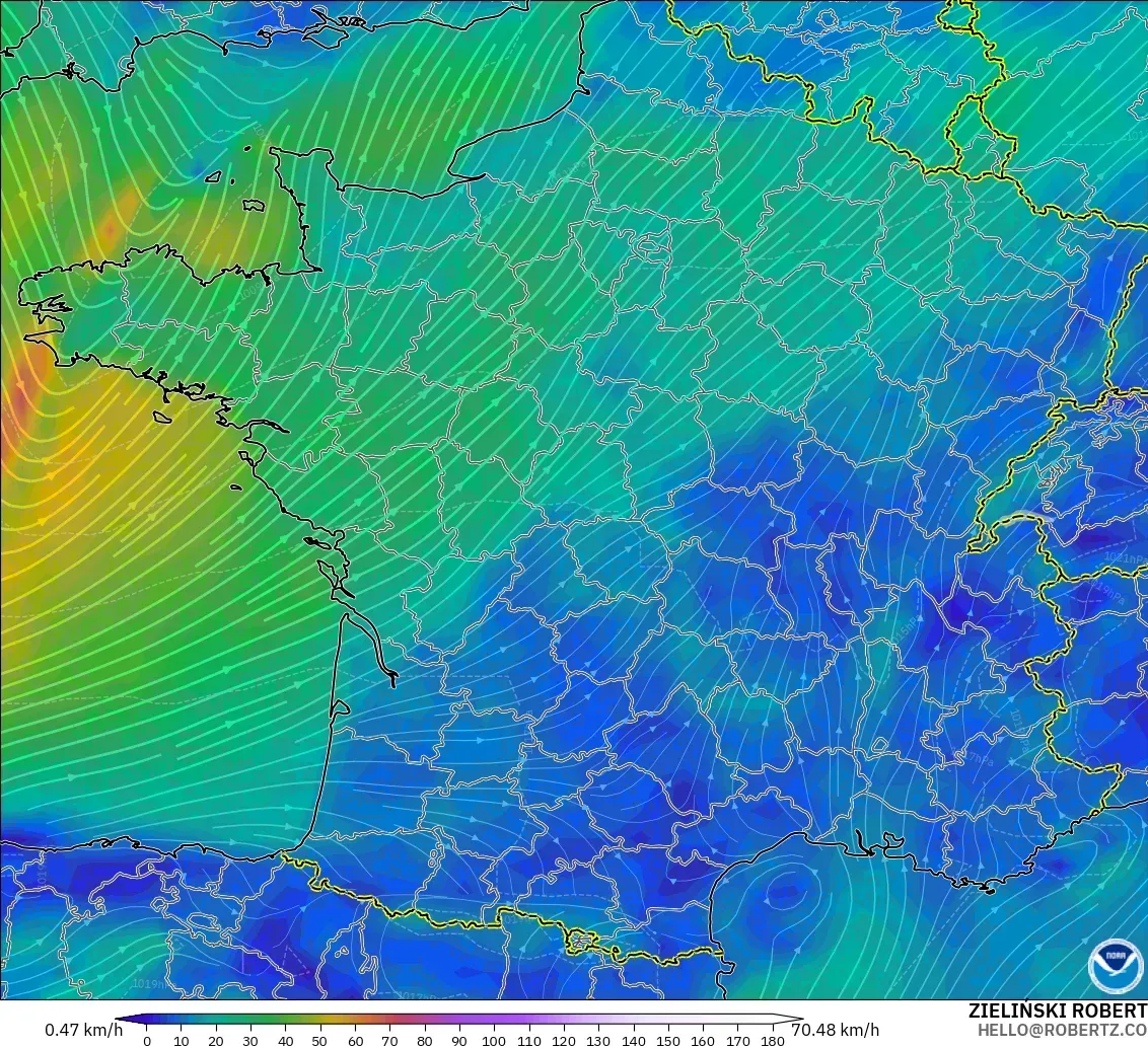 GFS modelo - Francia, Viento a 10 m