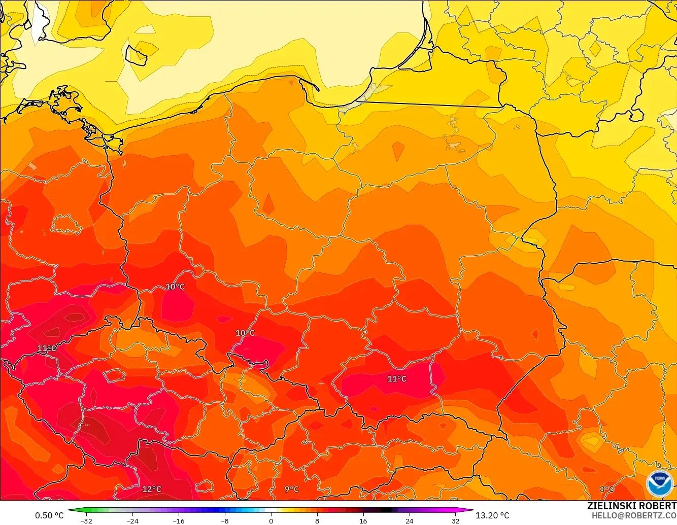 GFS modelo - Polonia, Anomalía de temperatura a 2 m