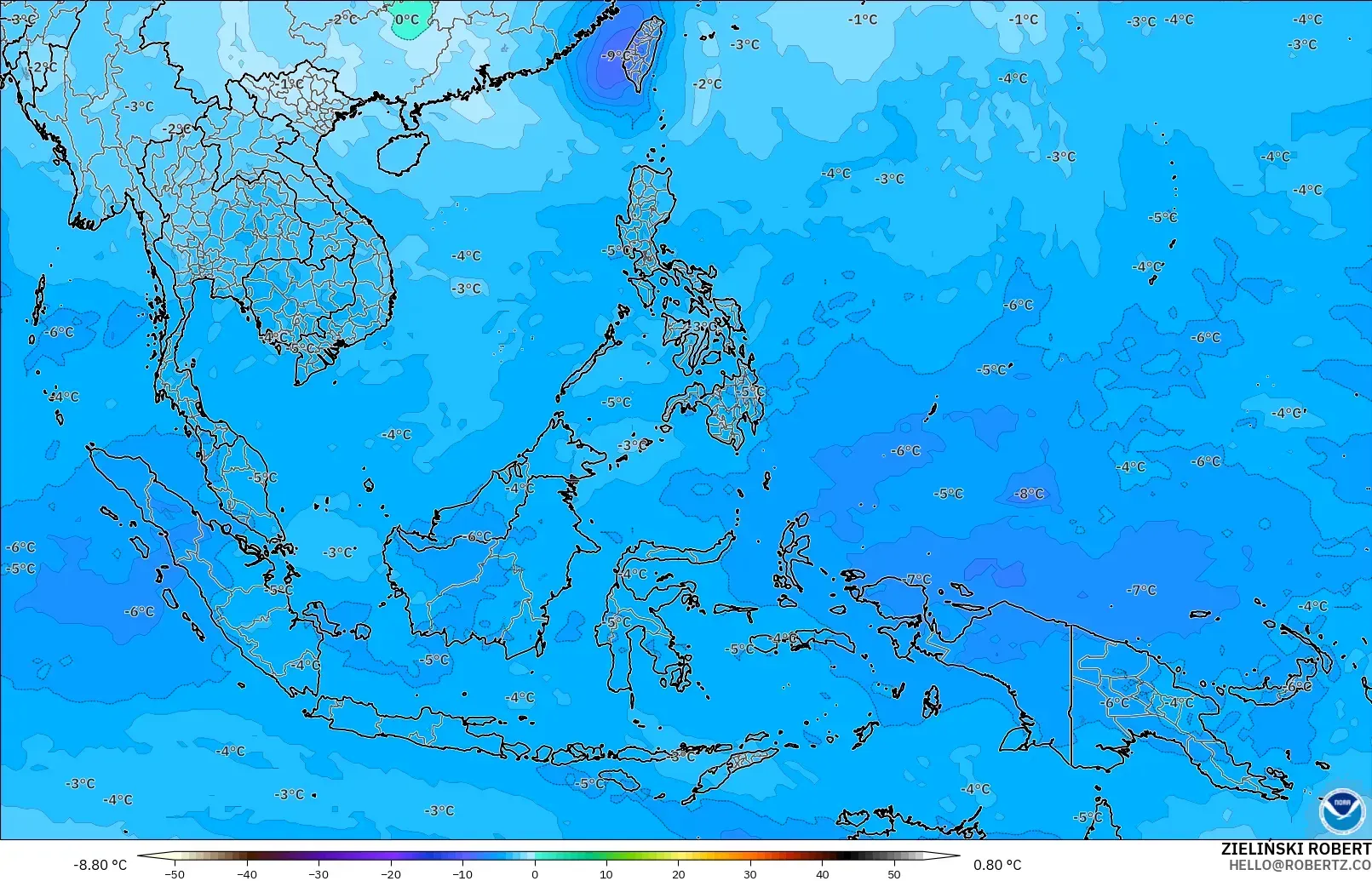 GFS modelo - Sudeste Asiático, Temperatura a 500 hPa