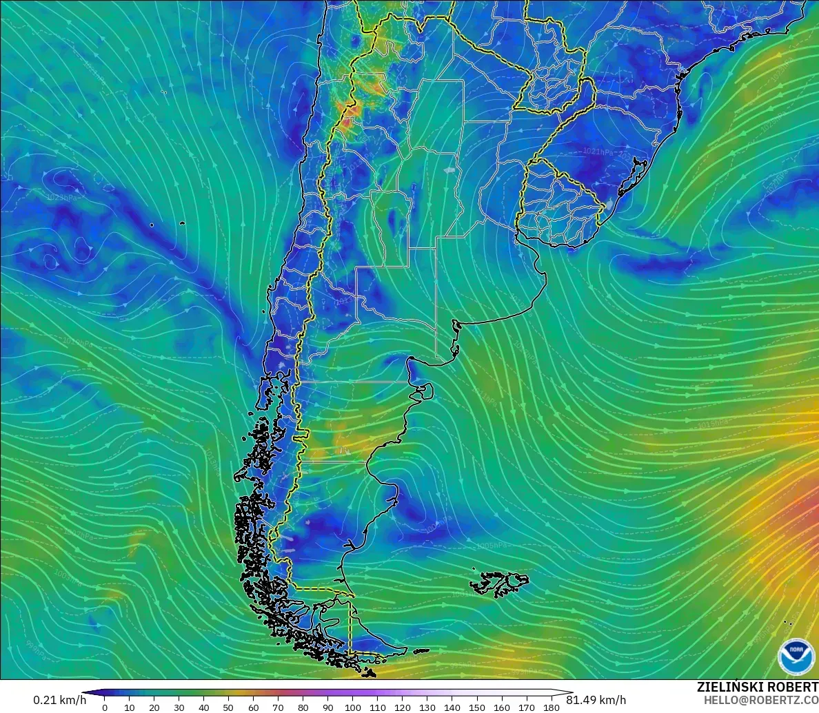 GFS modelo - Argentina, Viento a 10 m