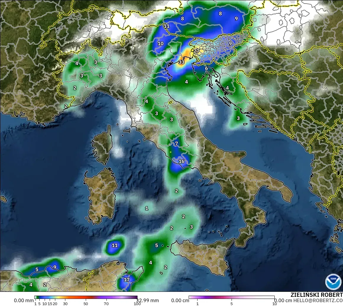 GFS modelo - Italia, Precipitación, nubes y presión