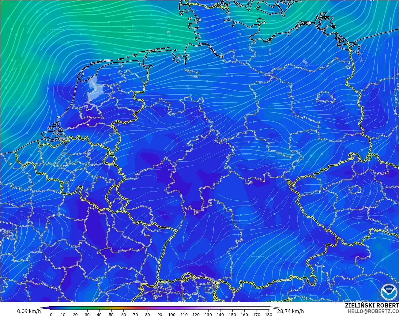 GFS modelo - Alemania, Viento a 10 m