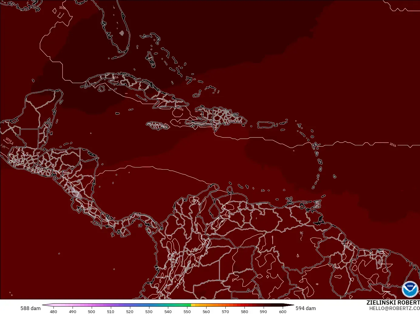 GFS modelo - Caribe, Altura geopotencial a 500 hPa