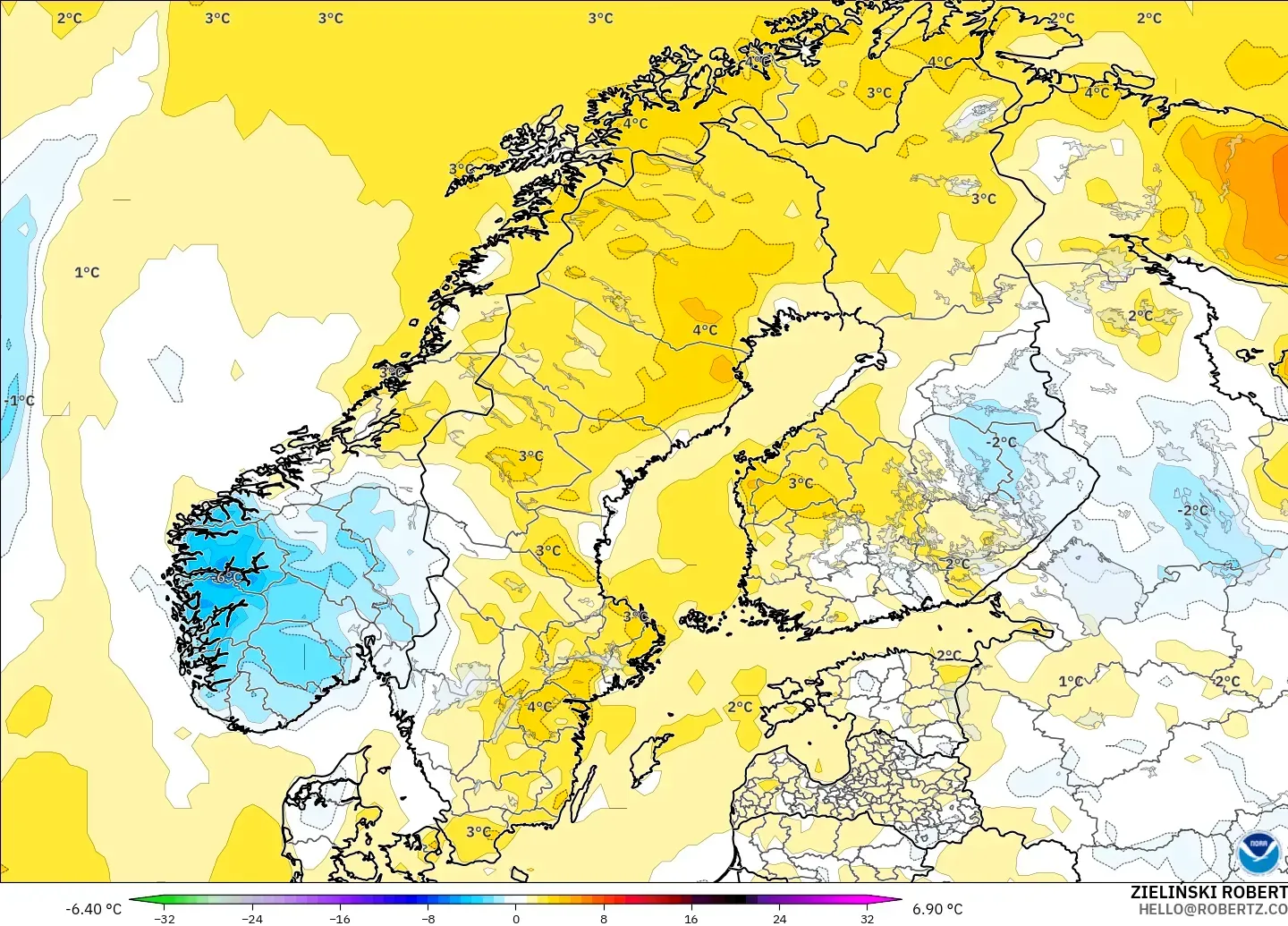 GFS modelo - Escandinavia, Anomalía de temperatura a 2 m