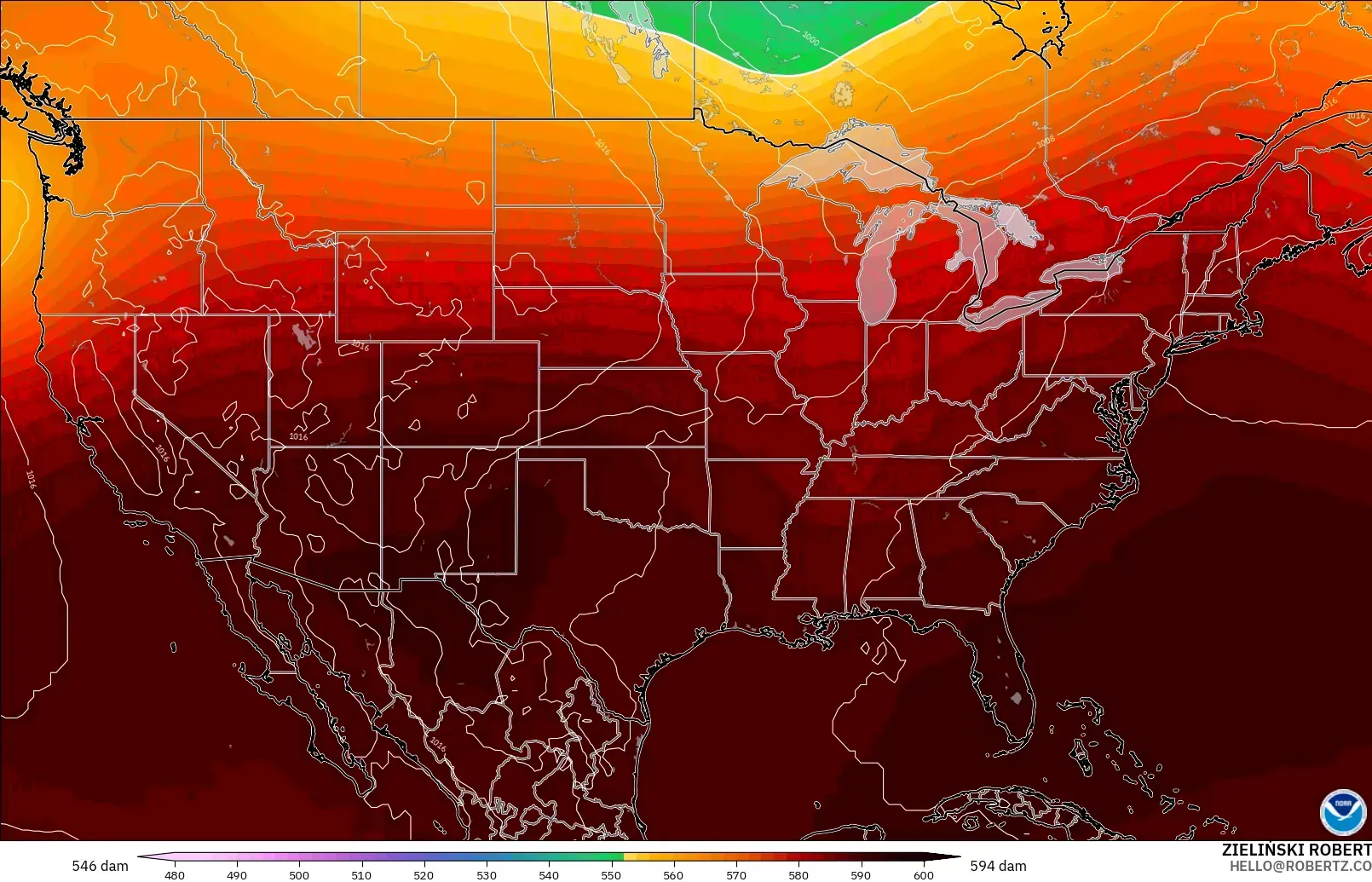 GFS modelo - Estados Unidos, Altura geopotencial a 500 hPa