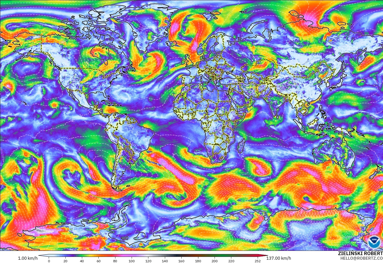 GFS modelo - Mundo, Ráfagas de Viento Máximas