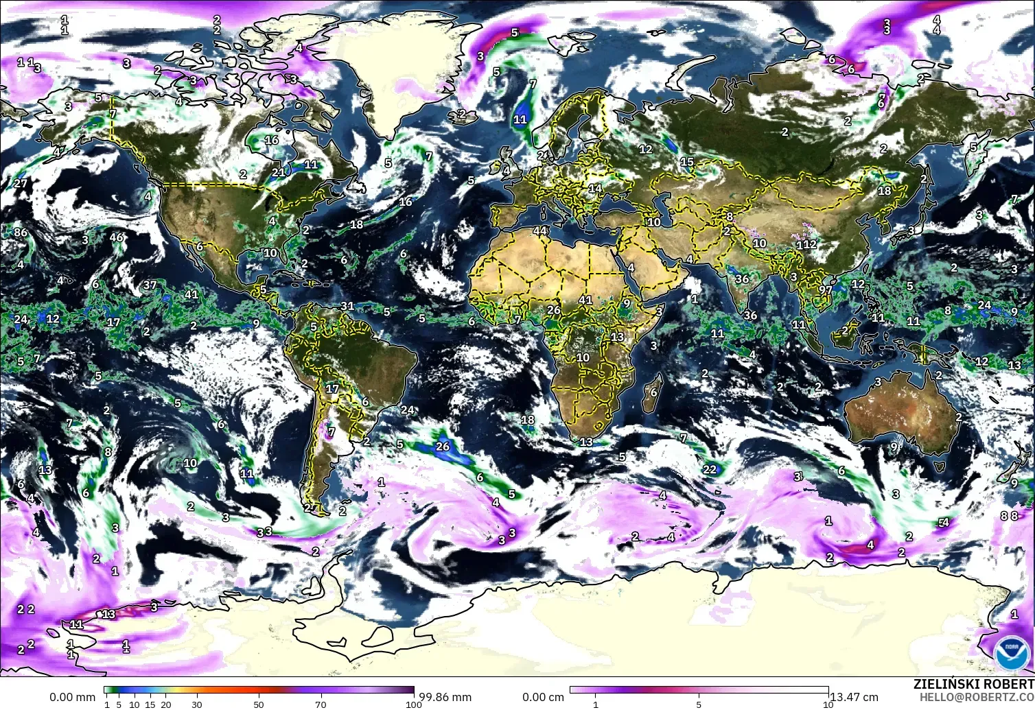 GFS modelo - Mundo, Precipitación, nubes y presión